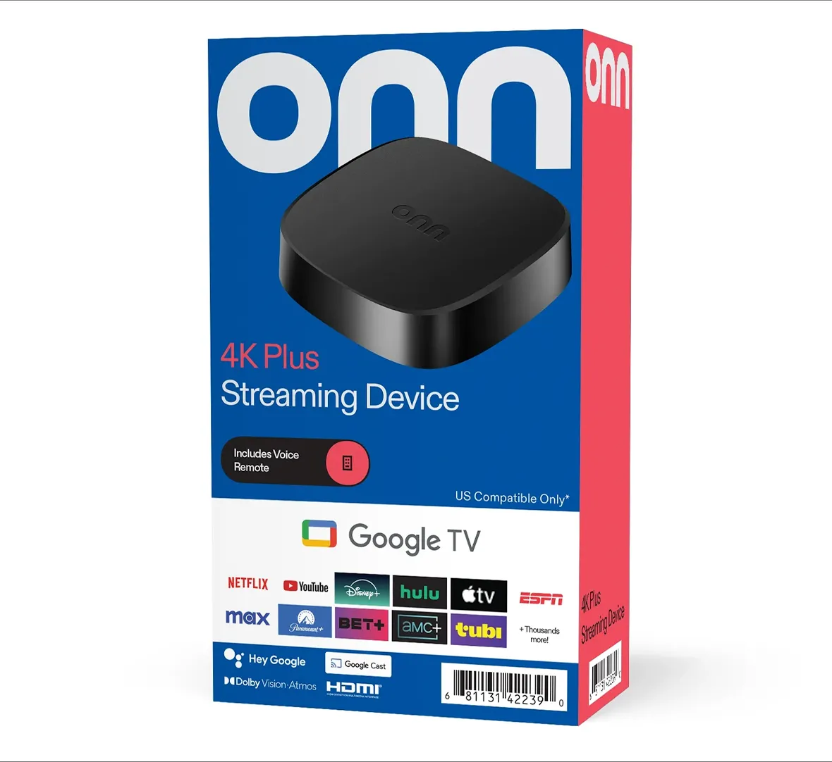 Thiết bị streaming Onn 4K Plus Google TV của Walmart với độ phân giải 4K và Wi-Fi 6