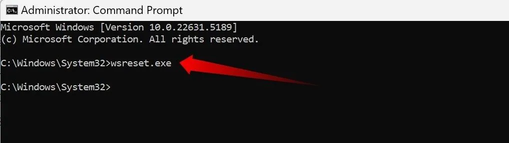 Thiết lập lại bộ nhớ cache của Microsoft Store bằng lệnh wsreset.exe trong Command Prompt trên Windows.