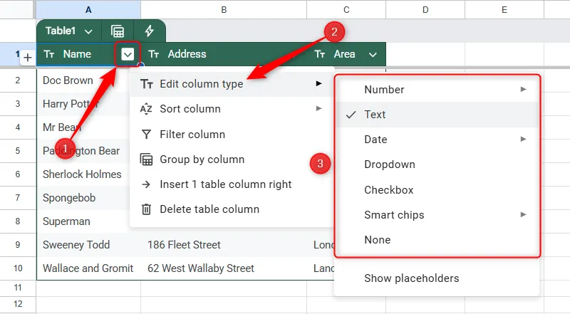 Thiết lập loại dữ liệu cho cột 'Tên' là 'Văn bản' trong bảng Google Sheets đã định dạng.