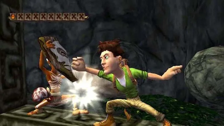 Thợ săn kho báu Harry chiến đấu với người đeo mặt nạ trong Pitfall: The Lost Expedition, game có Pitfall! và Pitfall II ẩn bên trong.