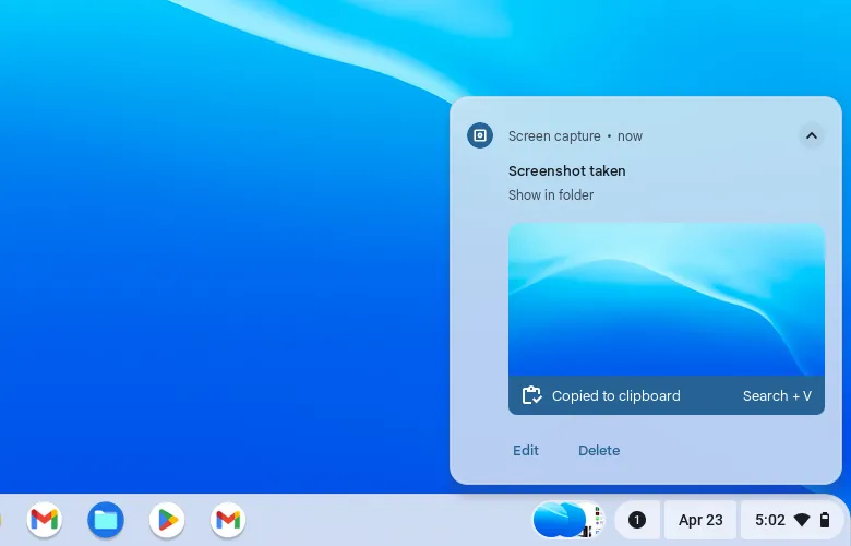Thông báo chụp màn hình trên ChromeOS hiển thị tùy chọn lưu và chia sẻ ảnh đã chụp