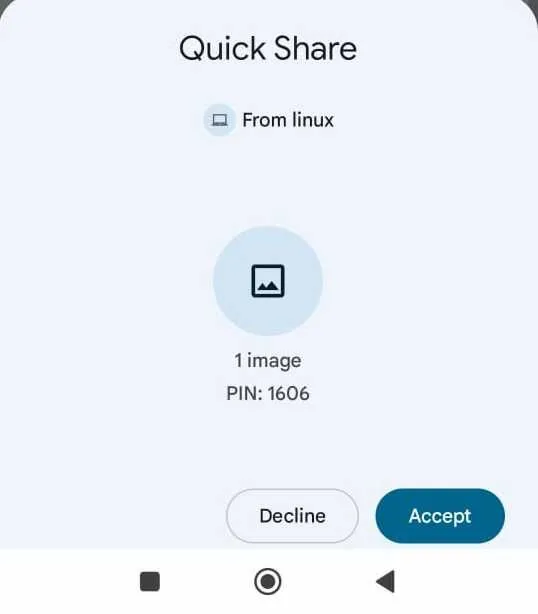 Thông báo nhận file từ Packet trên thiết bị Android, chờ người dùng chấp nhận