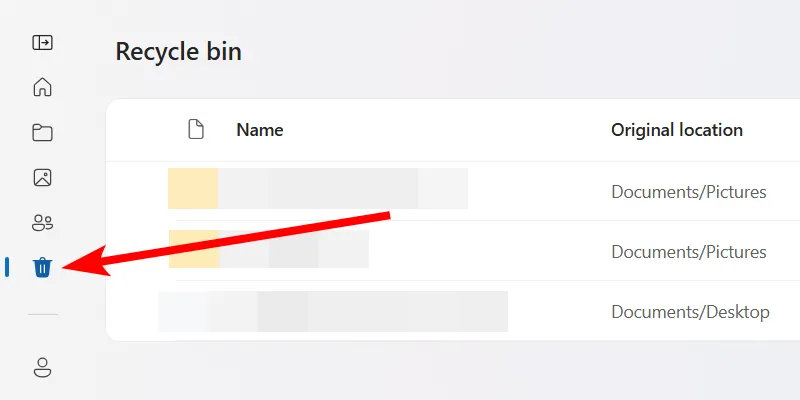 Thùng rác của OneDrive hiển thị các tệp đã xóa gần đây.