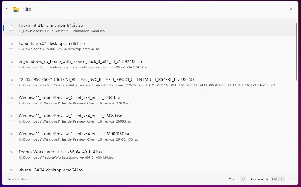 Tìm kiếm các tệp ISO bằng Command Palette trong PowerToys.