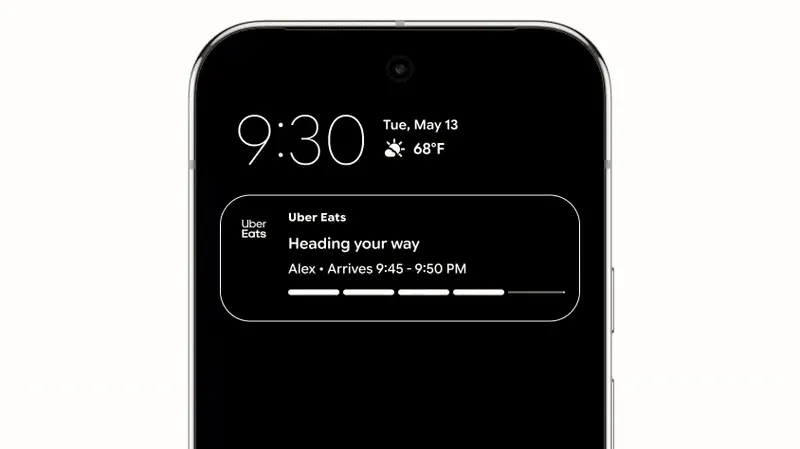 Tính năng Live Updates trên Android 16 hiển thị cập nhật trạng thái đơn hàng và chuyến đi theo thời gian thực ngay trên thanh thông báo.