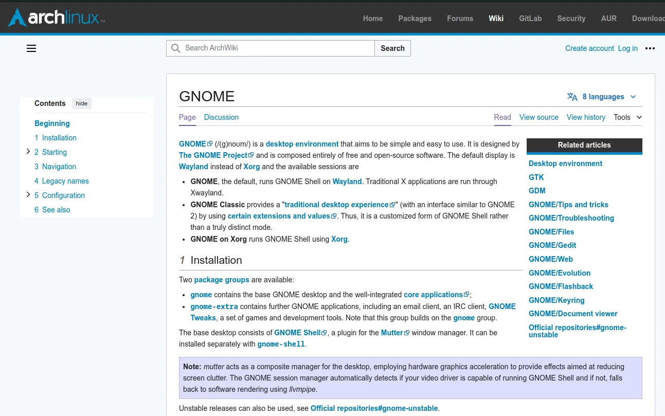 Trang ArchWiki về GNOME, minh họa sự chi tiết và toàn diện của nguồn tài liệu này.