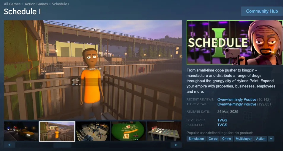 Trang cửa hàng của game 'Schedule 1' trên Steam, một tựa game mô phỏng tội phạm nổi tiếng.