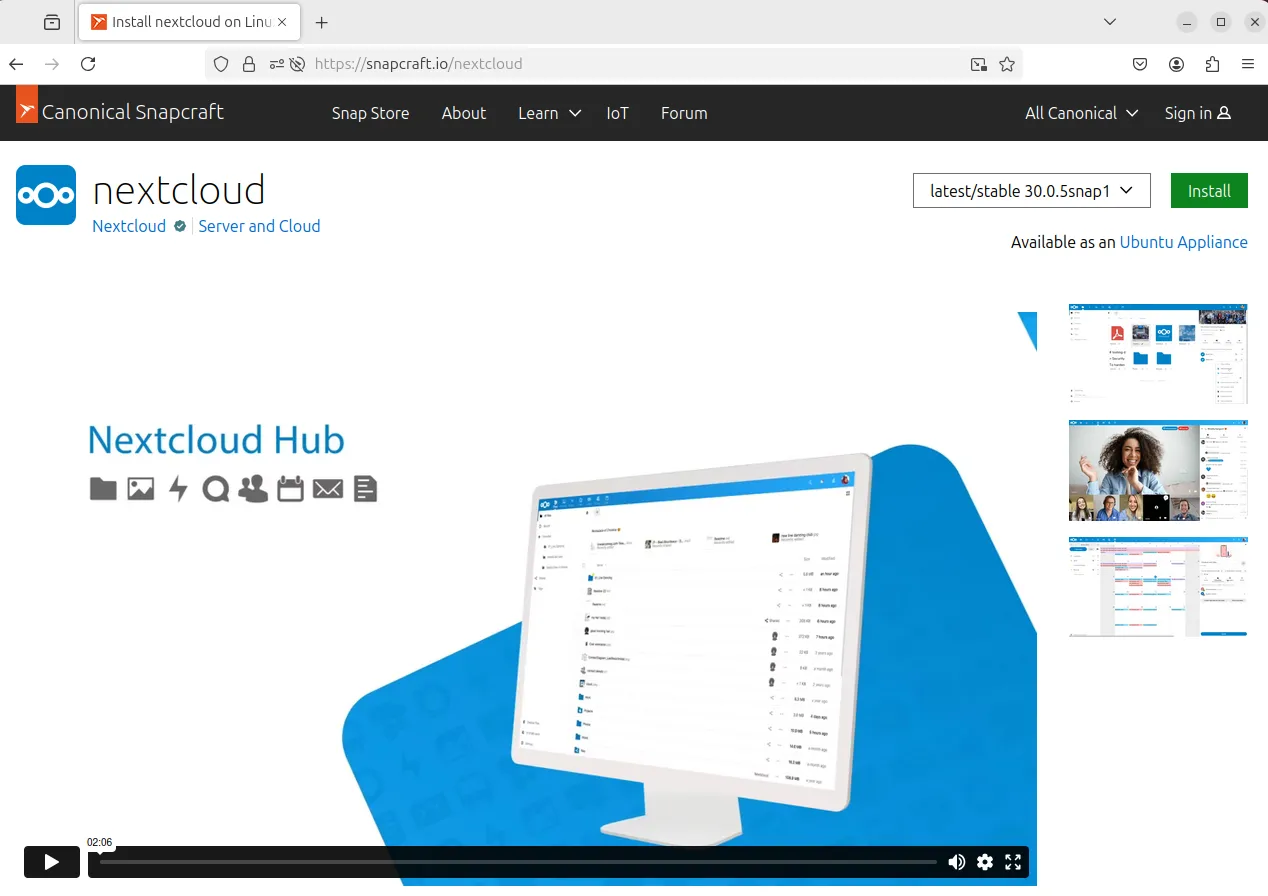 Trang tải Nextcloud dưới dạng gói Snap trên website SnapCraft, hiển thị trong trình duyệt web.