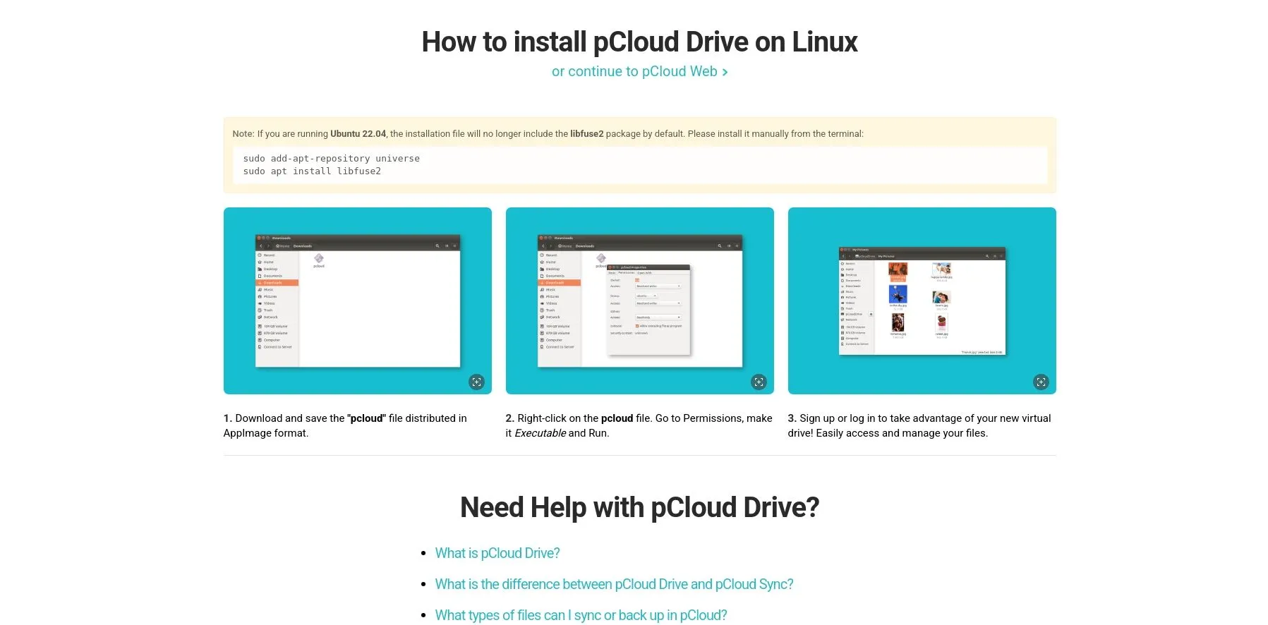 Trang tải ứng dụng pCloud Drive cho Linux hiển thị các tùy chọn cài đặt trên trình duyệt web.