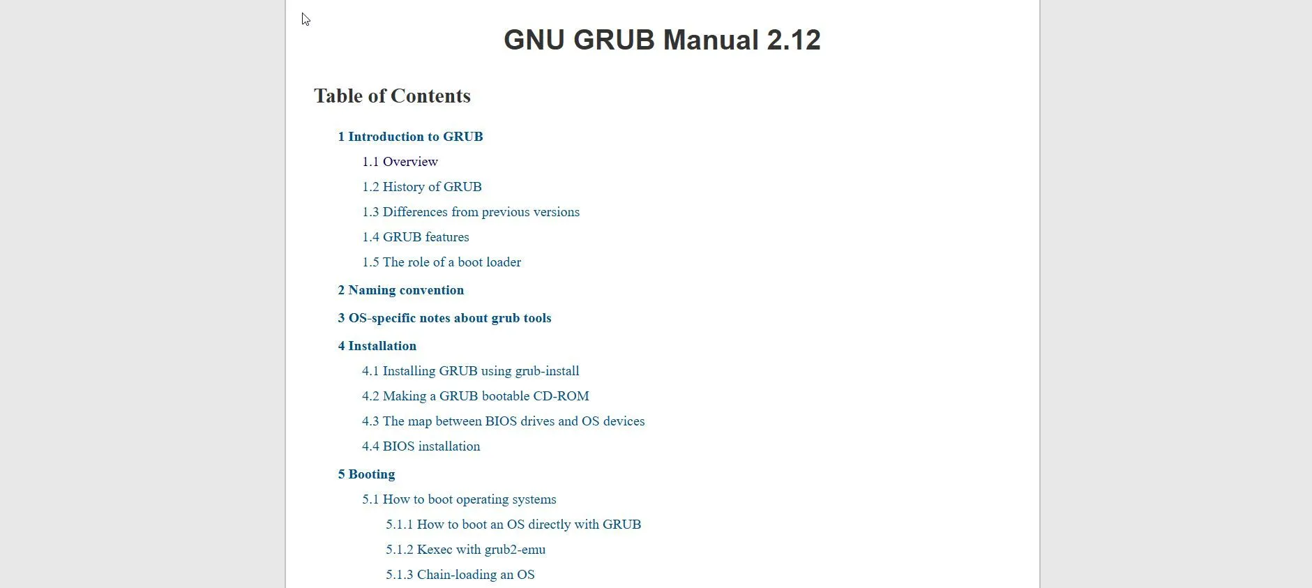 Trang web tài liệu hướng dẫn chính thức của GNU GRUB, cung cấp thông tin chi tiết về bootloader.