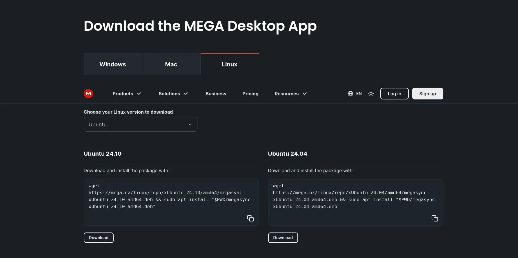 Trình duyệt web hiển thị các tùy chọn tải xuống và hướng dẫn cài đặt ứng dụng MEGA trên Ubuntu Linux.