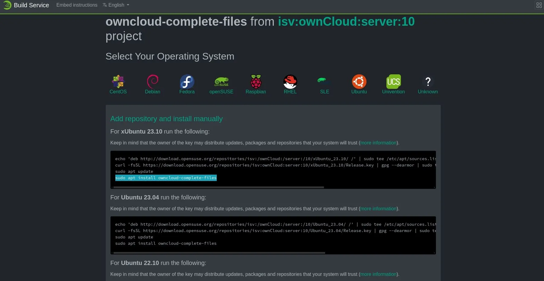 Trình duyệt web hiển thị trang tải xuống và hướng dẫn cài đặt máy chủ ownCloud.