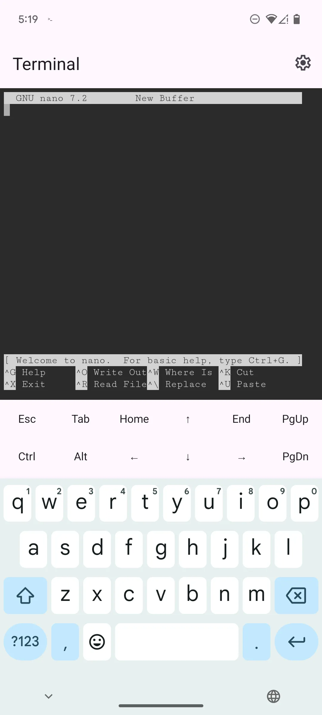 Trình soạn thảo văn bản Nano đang chạy trong ứng dụng Linux Terminal trên Google Pixel 6
