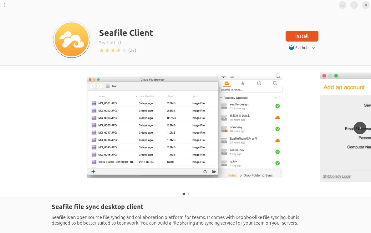 Trung tâm phần mềm Ubuntu hiển thị trang tải xuống ứng dụng client Seafile dành cho máy tính để bàn.