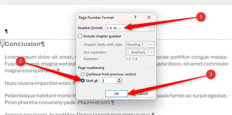 Trường 'Number Format' trong hộp thoại 'Page Number Format' của Word được thay đổi thành số La Mã in thường và tùy chọn 'Start At' được đặt là 1.