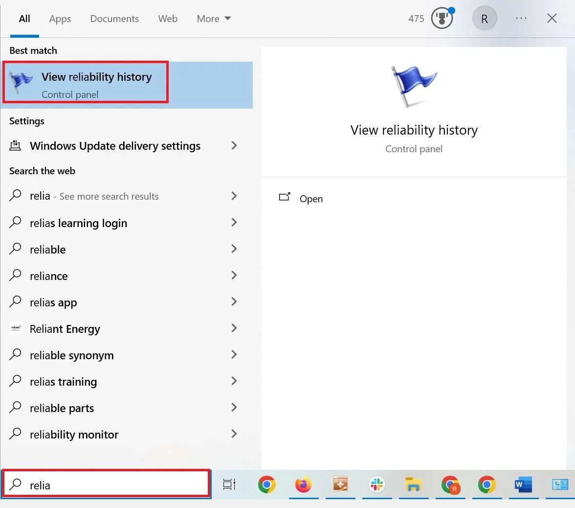Truy cập Windows Reliability Monitor từ hộp tìm kiếm Start Menu trên Windows 11