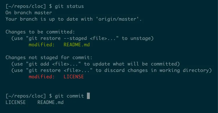 Tự động hoàn thành của lệnh &quot;git commit&quot; hiển thị hai tệp đã được sửa đổi có thể được commit