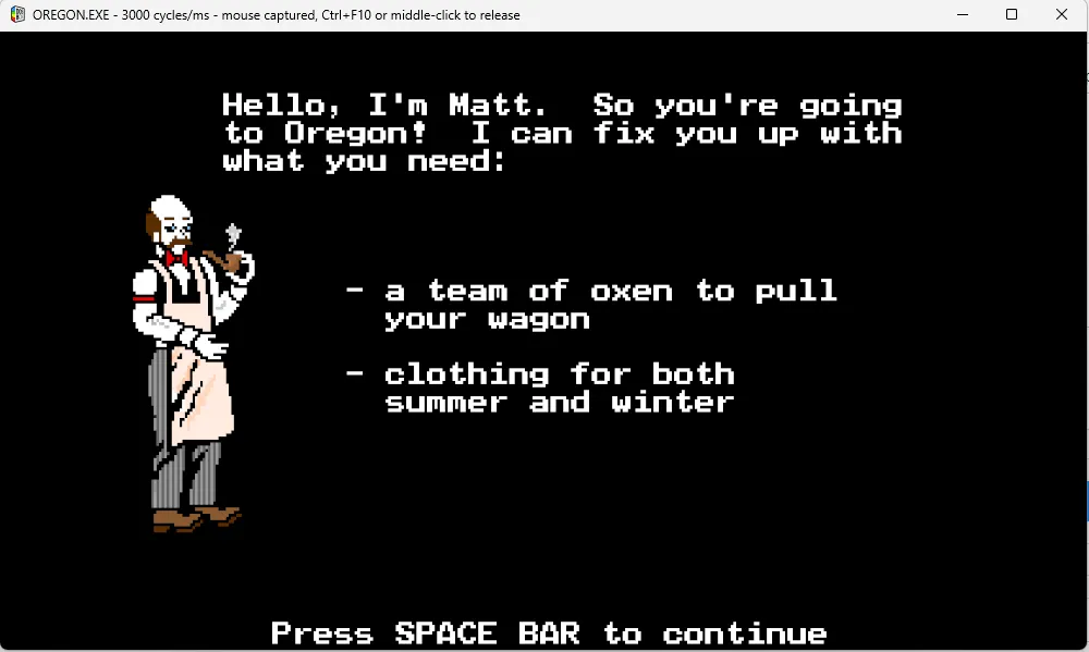 Tựa game The Oregon Trail đang chạy mượt mà trong DOSBox Staging