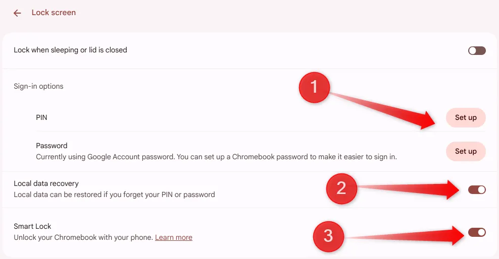Tùy chỉnh cài đặt màn hình khóa, bao gồm mã PIN và Smart Lock, trên Chromebook.