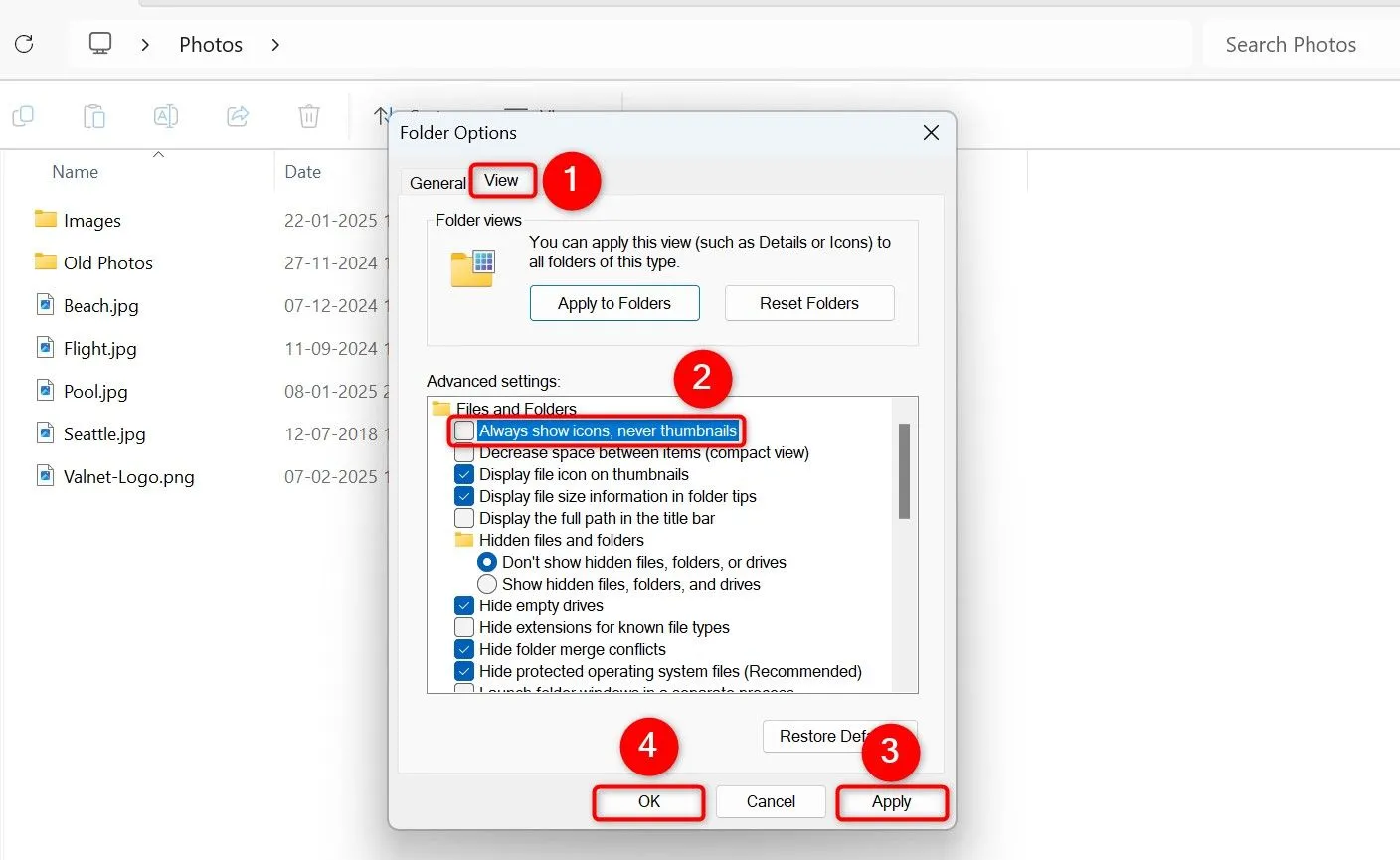 Tùy chỉnh Folder Options để luôn hiển thị hình thu nhỏ thay vì chỉ icon