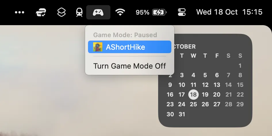 Tùy chọn Bật/Tắt Chế Độ Trò Chơi Game Mode trên thanh menu của macOS Sonoma