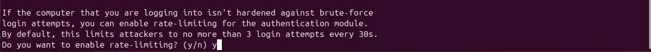 Tùy chọn cấu hình giới hạn tốc độ (rate-limiting) để chống tấn công brute-force trong quá trình cài đặt Google Authenticator.