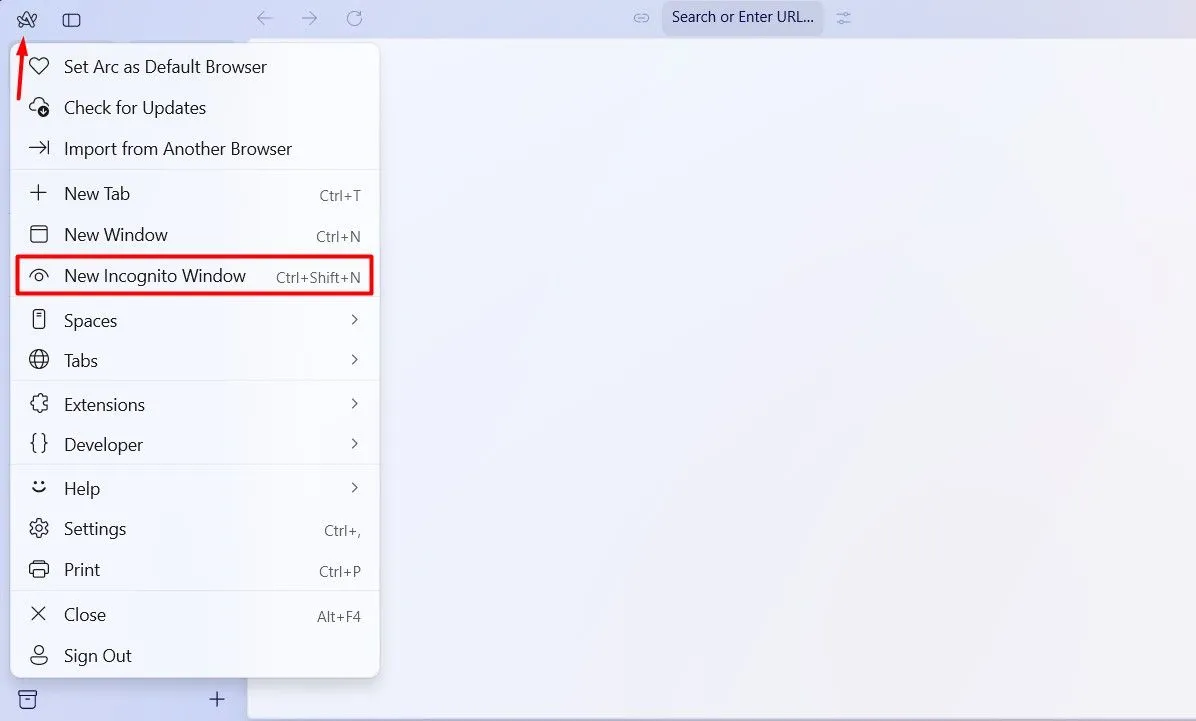 Tùy chọn &quot;Chế độ ẩn danh mới&quot; trong Arc Browser.