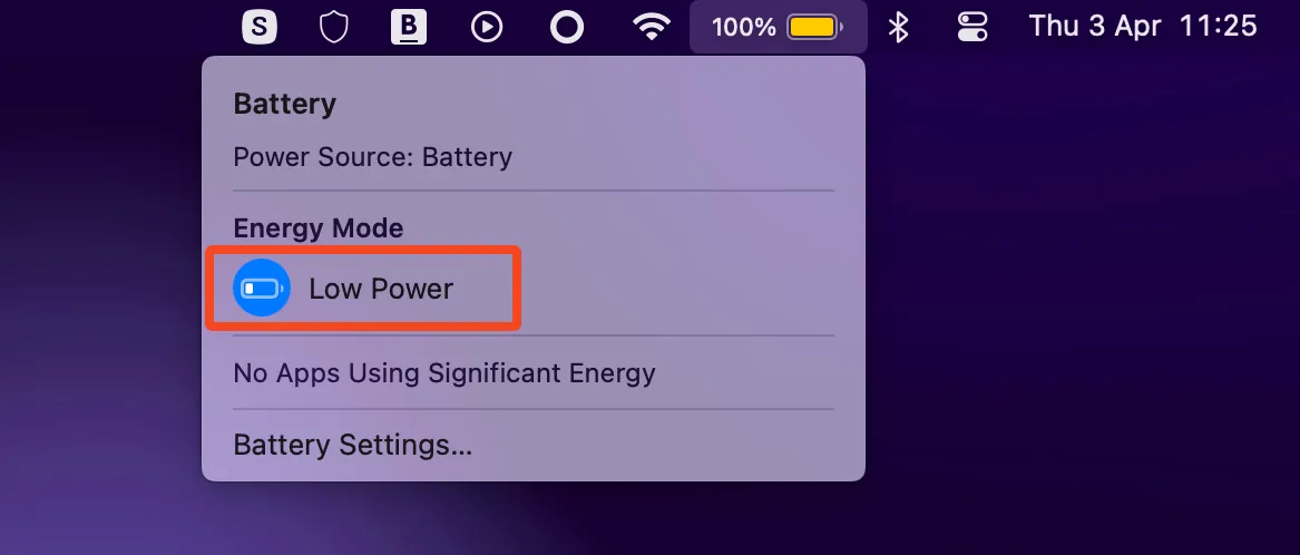 Tùy chọn Chế độ nguồn điện thấp trên thanh menu của macOS