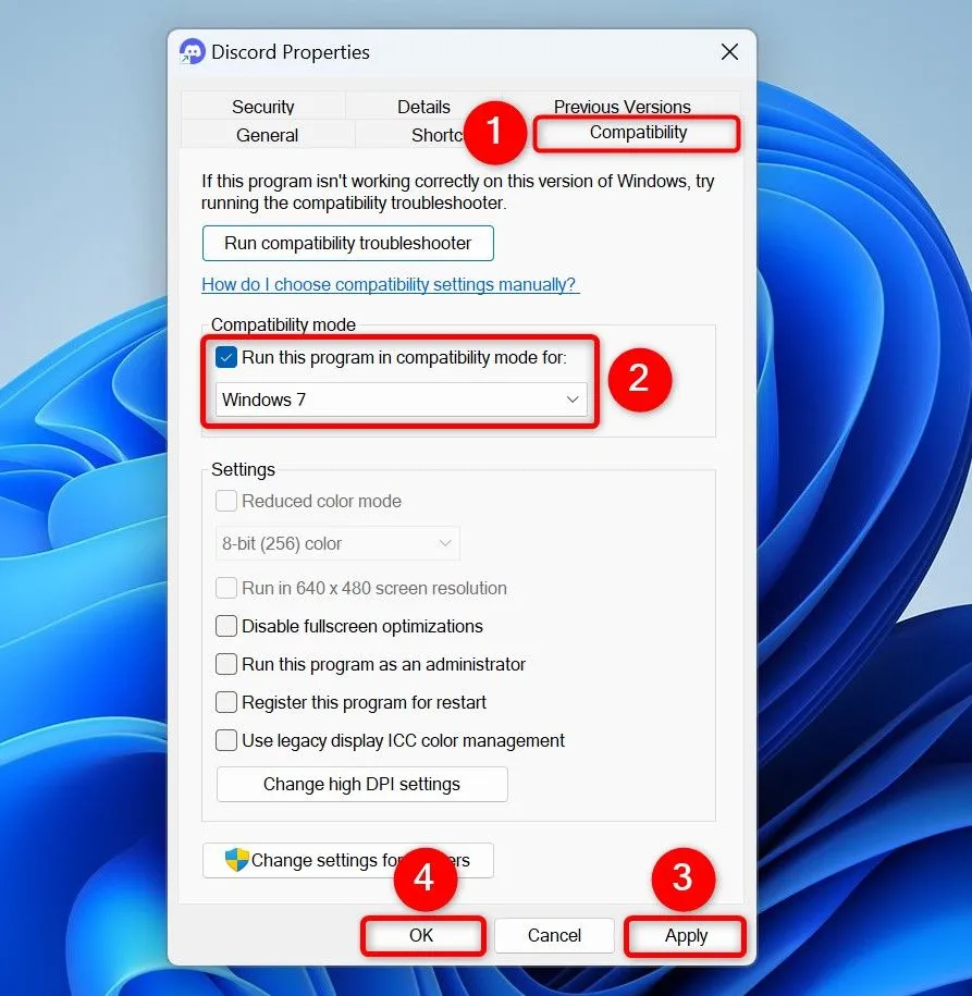 Tùy chọn Chế độ Tương thích trong tab Compatibility của Properties ứng dụng trên Windows 11