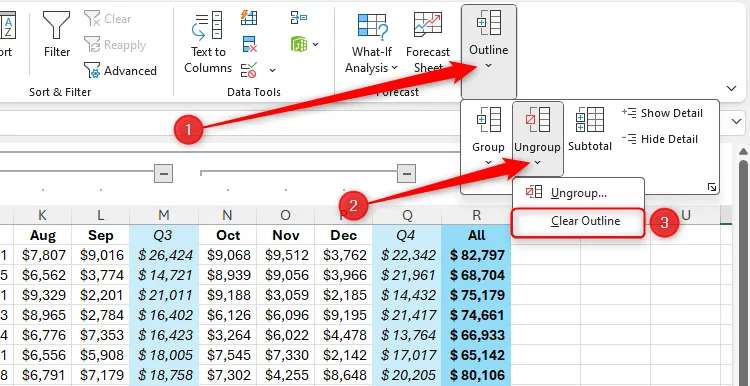 Tùy chọn Clear Outline trong thẻ Data của Excel để xóa tất cả các cấu trúc nhóm cột và hàng.