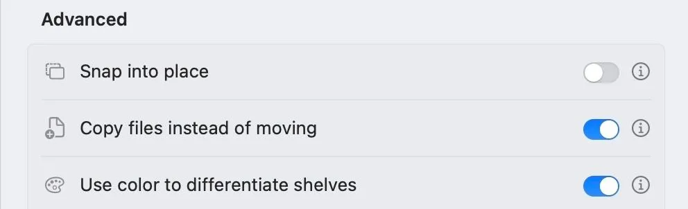 Tùy chọn &quot;Copy Files Instead of Moving&quot; được bật trong cài đặt tương tác 'shelf' của Dropover.