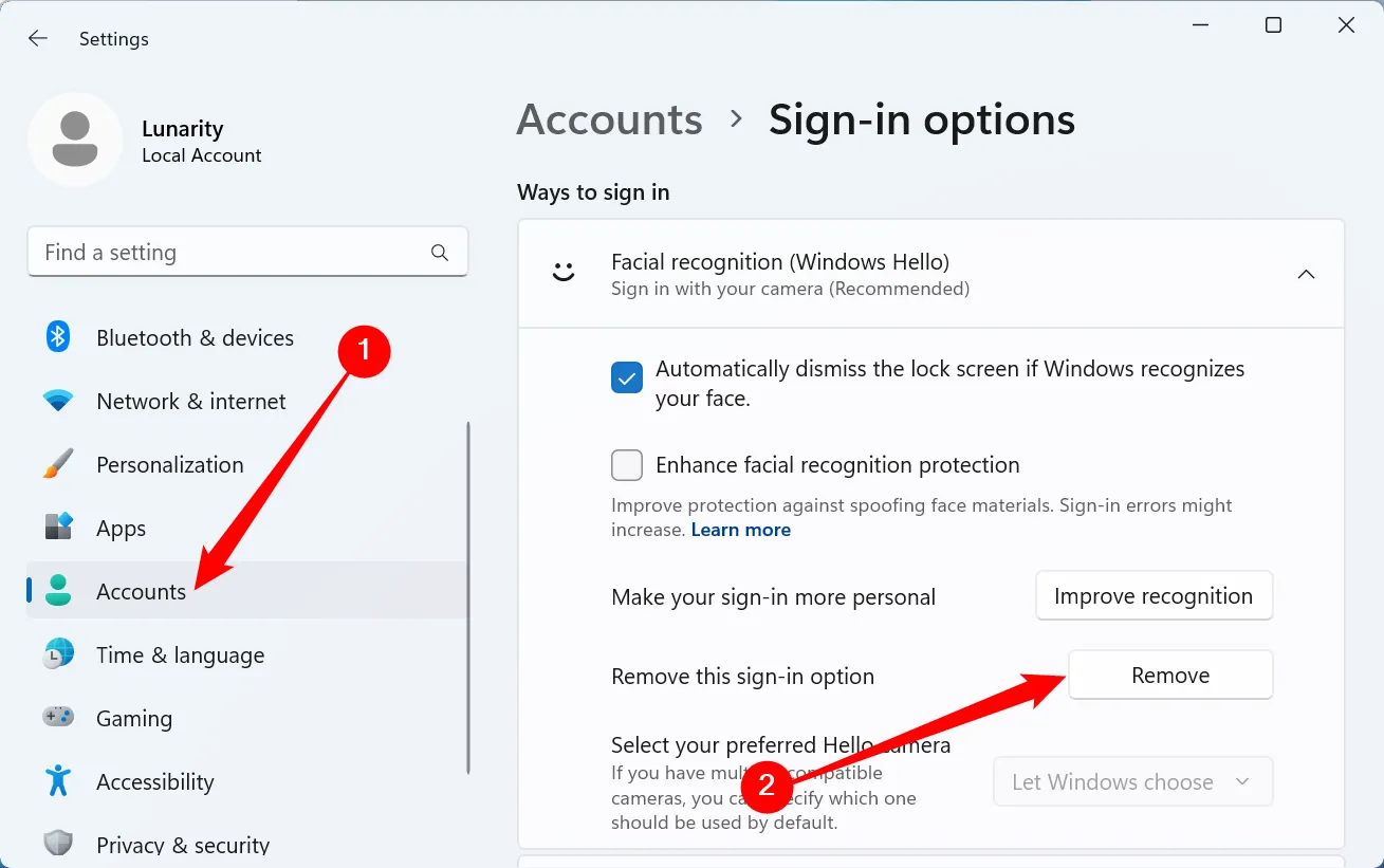 Tùy chọn đăng nhập trong Windows 11, nơi người dùng có thể xóa dữ liệu xác thực sinh trắc học