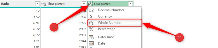 Tùy chọn định dạng dữ liệu &quot;Whole Number&quot; (Số Nguyên) được chọn cho một cột trong Power Query Editor, giúp chuẩn hóa kiểu dữ liệu.