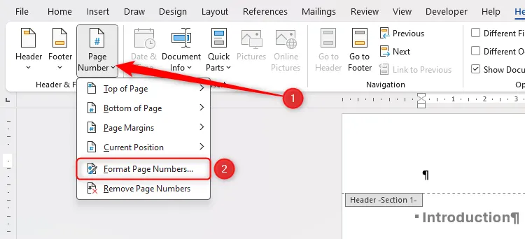 Tùy chọn 'Format Page Numbers' được chọn trong menu thả xuống 'Page Number' trong Microsoft Word, để tùy chỉnh định dạng số trang.