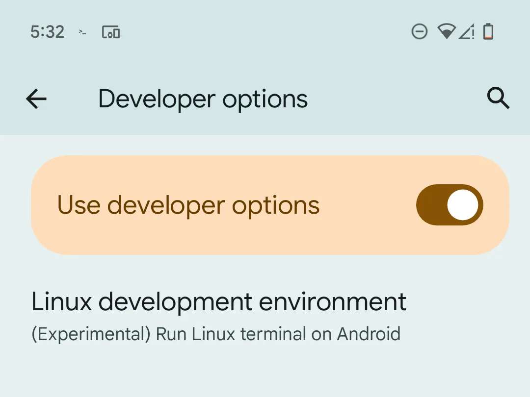 Tùy chọn &quot;Linux development environment&quot; trong cài đặt nhà phát triển Android trên Pixel