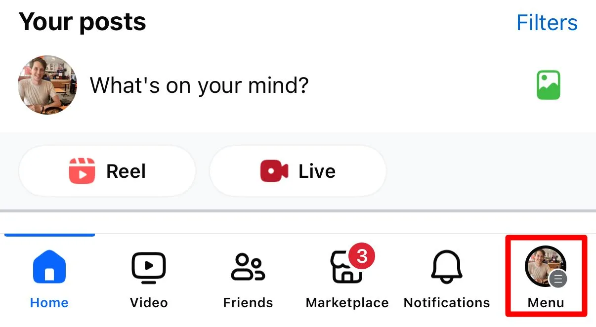 Tùy chọn Menu trên ứng dụng Facebook dành cho iPhone, nơi người dùng có thể tìm thấy mục Trợ giúp.