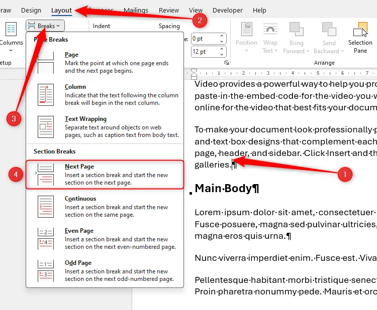 Tùy chọn 'Next Page' trong menu 'Breaks' của tab 'Layout' trong Microsoft Word, dùng để chèn ngắt Section.