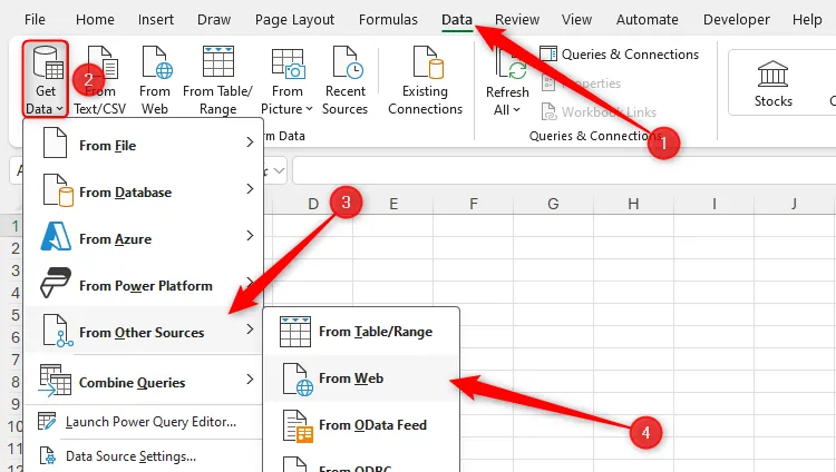 Tùy chọn Nhập Dữ Liệu Từ Web trong menu Get Data của Excel, minh họa bước đầu tiên để sử dụng Power Query.