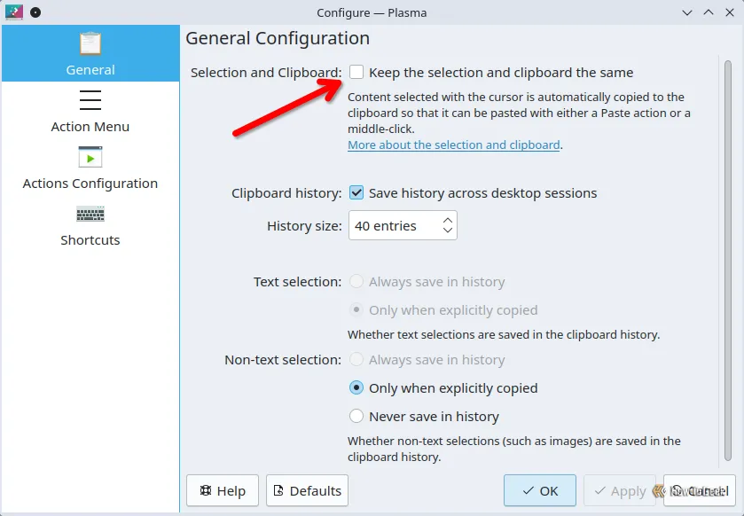 Tùy chọn &quot;Select-to-Copy&quot; trong Klipper giúp đồng bộ nội dung được chọn với clipboard.