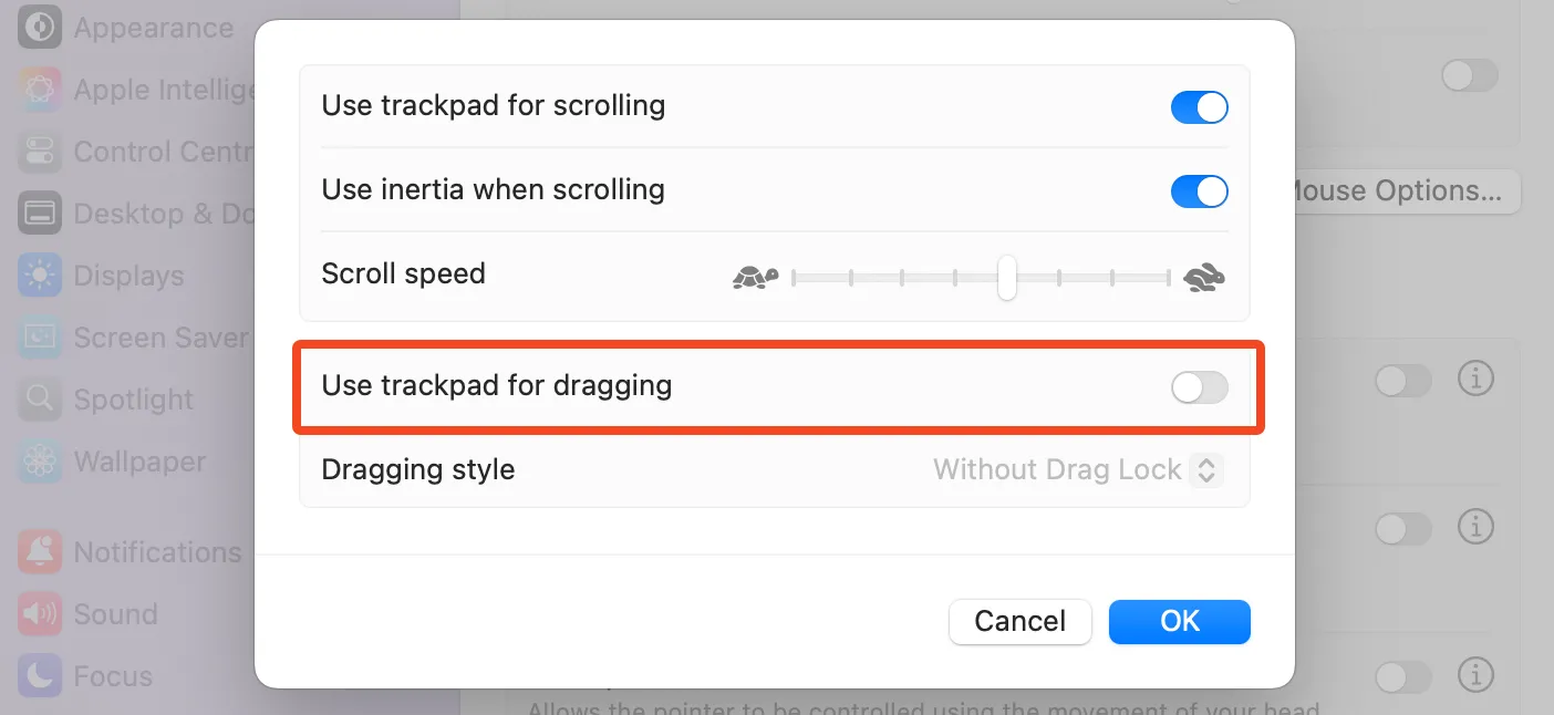 Tùy chọn sử dụng bàn di chuột để kéo trong cài đặt trợ năng của macOS