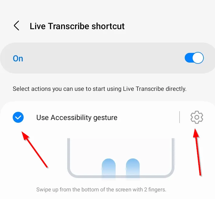 Tùy chọn &quot;Sử dụng cử chỉ trợ năng&quot; để kích hoạt Live Transcribe