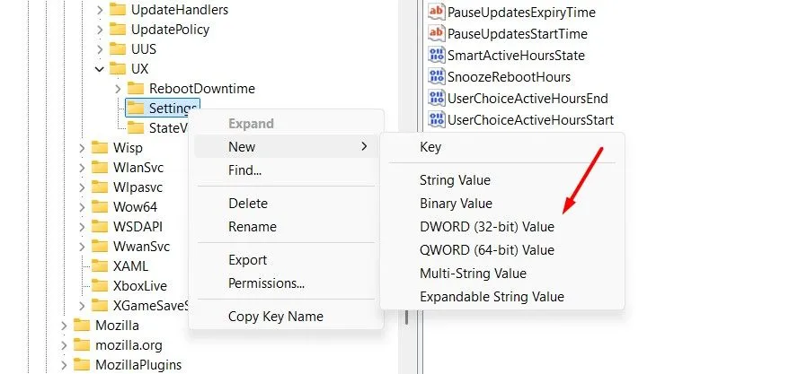 Tùy chọn tạo giá trị DWORD (32-bit) mới trong trình chỉnh sửa Registry Windows