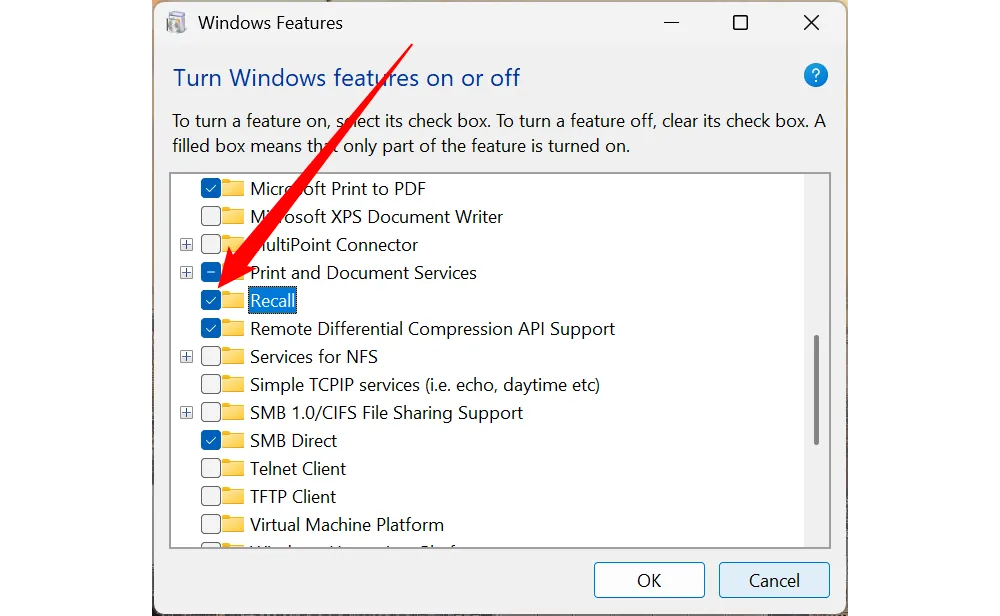 Tùy chọn tắt Recall trong cửa sổ 'Turn Windows Features On or Off' của Windows
