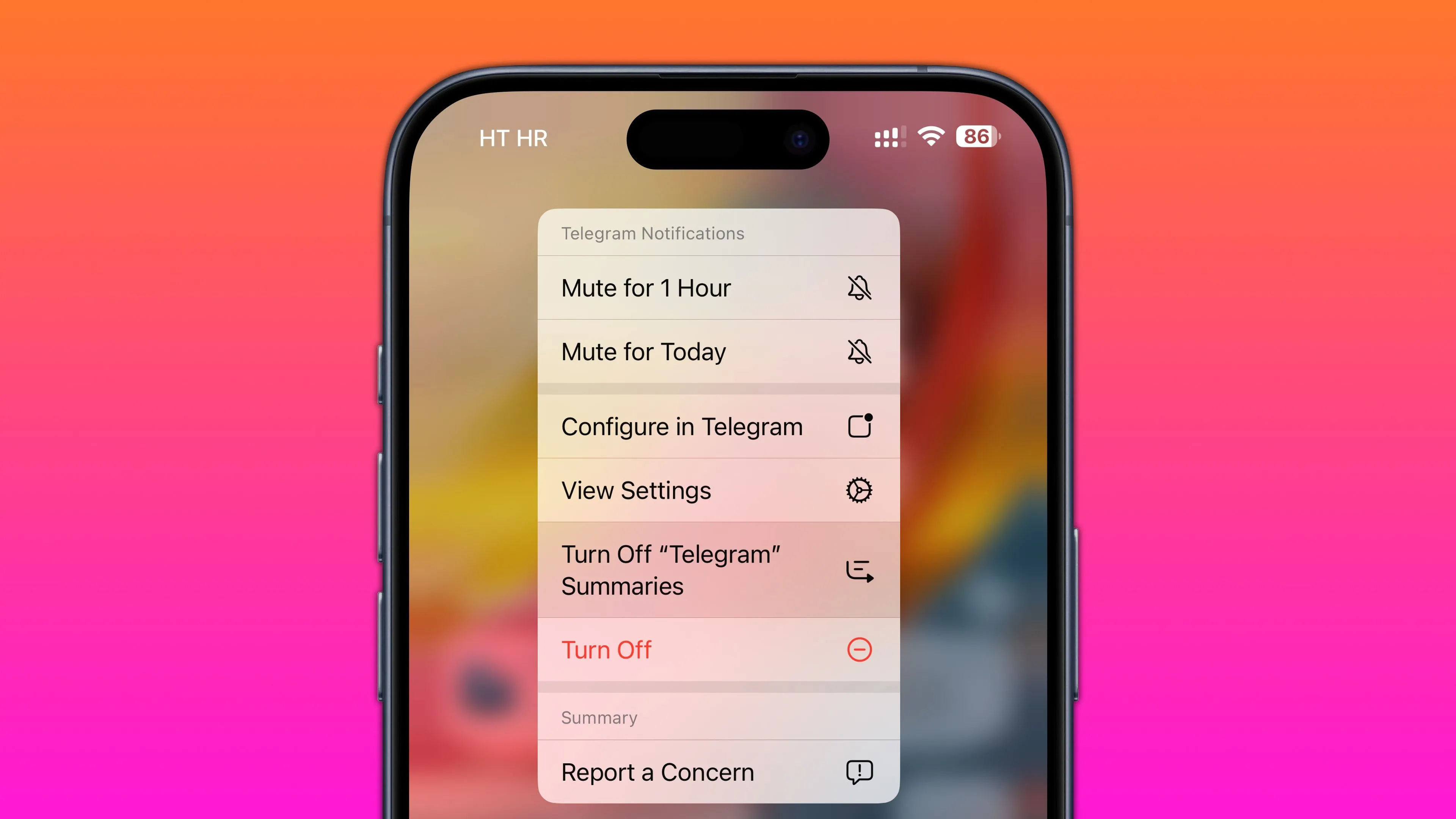 Tùy chọn &quot;Tắt Tóm tắt&quot; thông báo AI cho ứng dụng Telegram trên màn hình khóa iPhone.