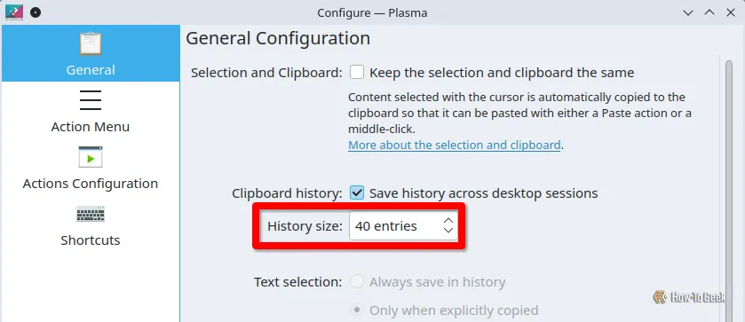 Tùy chọn thiết lập giới hạn dung lượng lịch sử clipboard trong cài đặt Klipper của KDE.