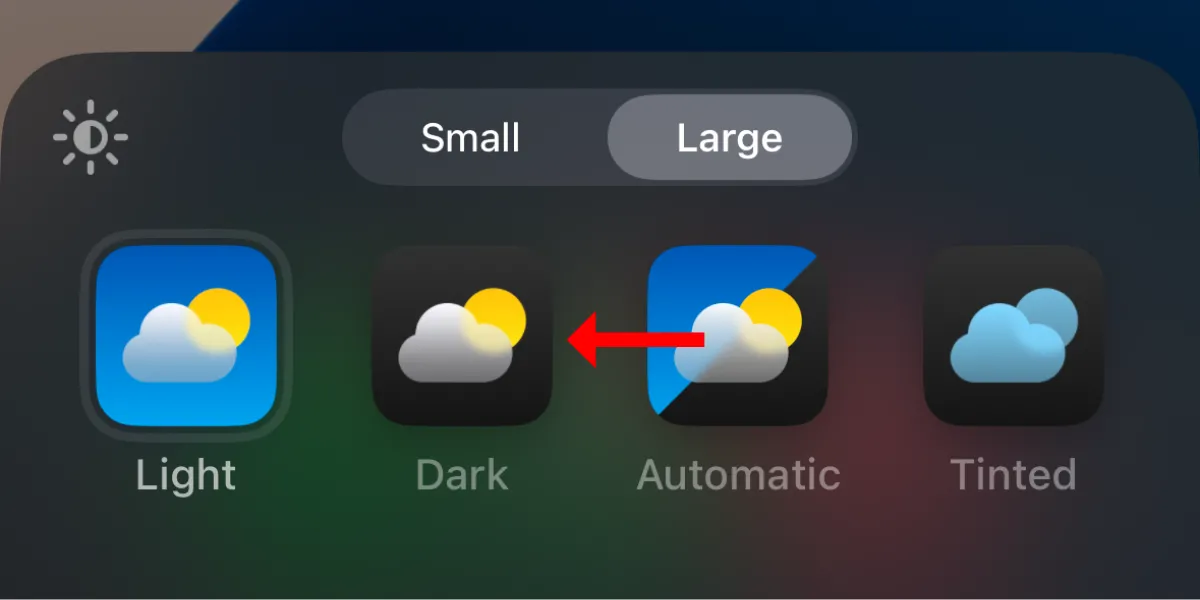 Tùy chọn 'Tối' cho biểu tượng ứng dụng trong menu Tùy chỉnh trên iOS 18, giúp cá nhân hóa Dark Mode.