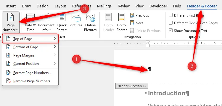 Tùy chọn 'Top Of Page' được chọn trong menu thả xuống 'Page Number' trong Microsoft Word, cho vị trí số trang.