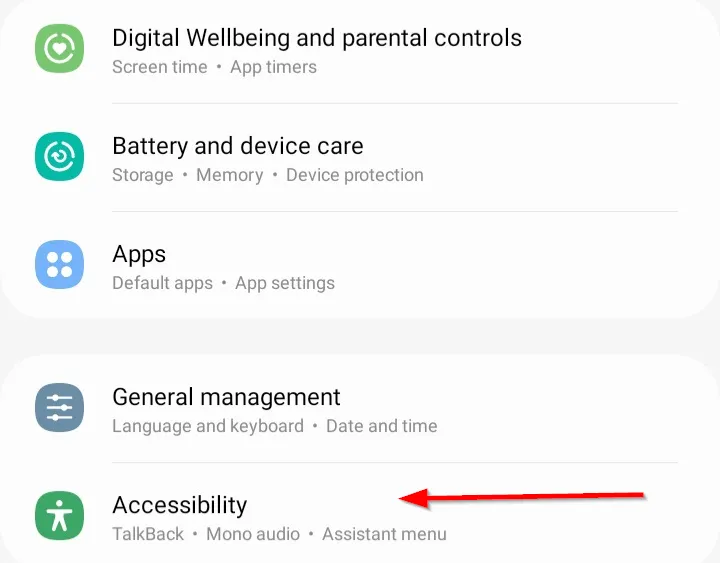Tùy chọn "Trợ năng" trong menu Cài đặt trên điện thoại Samsung Galaxy