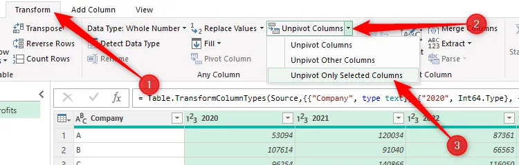 Tùy chọn &quot;Unpivot Only Selected Columns&quot; trong tab Transform của Power Query Editor, minh họa cách chuyển đổi dữ liệu từ cột sang hàng.