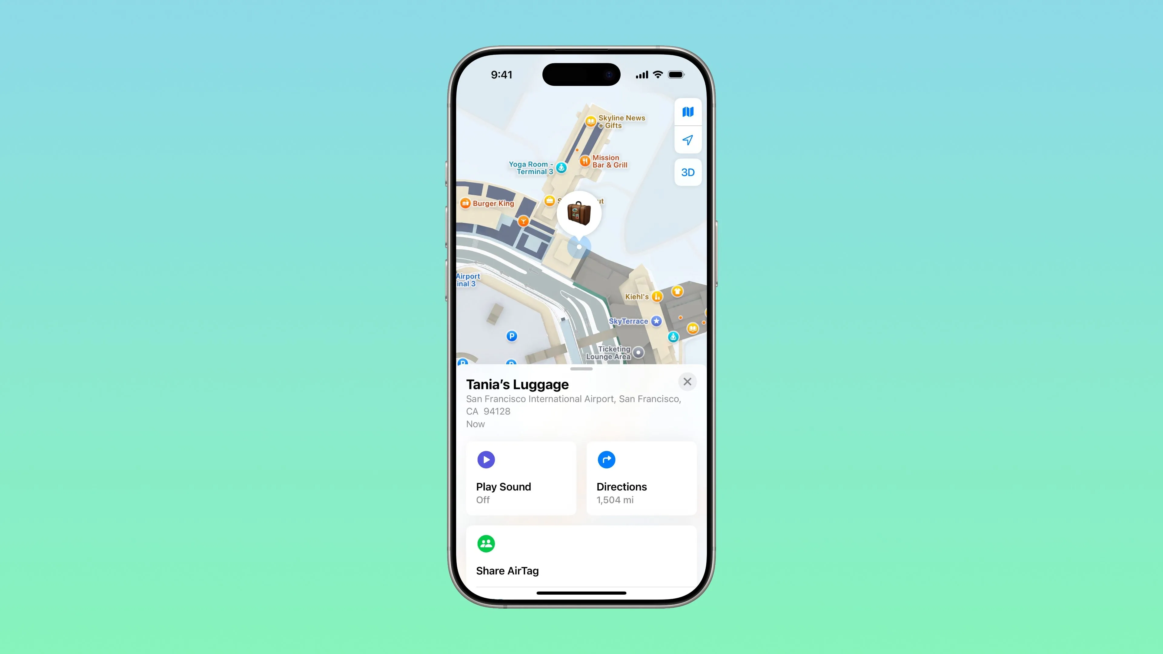 Ứng dụng Find My trên iPhone hiển thị vị trí của hành lý bị mất có gắn AirTag